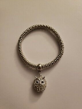 Owl Charm Clear Crystal/Rhinestone Silvertone Popcorn Stretch Bracelet Bird Dang